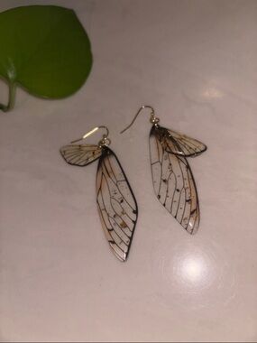 Delicate Wing Drop Earrings - White & Gold
